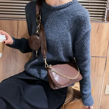 

Women's Vintage Quality PU Leather 2 Pcs Handbags with Wide Shoulder Belt Shoulder Bag Female Crossbody Handbags and Purses