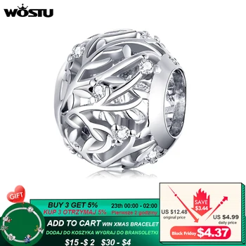 

WOSTU 925 Sterling Silver Retro Tree Leaves Charms Zircon Beads fit Women Bracelets Original Silver 925 Jewelry Making CTC256