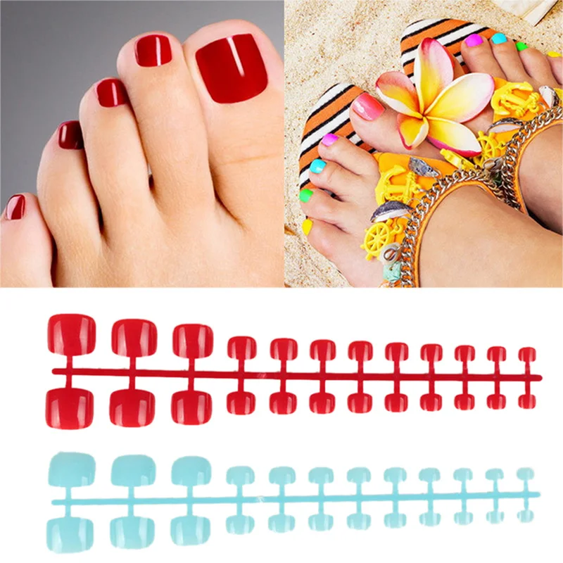 New 24Pcs Toenails False Nails Artificial Candy Nails Shrimp Powder Sticker Natural Acrylic French False Toe Nail Tips Art Decor