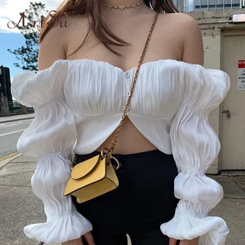 

Artsu 2020 Puff Sleeve Crop Tops Blouse Ruched Sexy Spring Streetwear White Casual Cute Club Party T-shirts Shirt ASBL70136