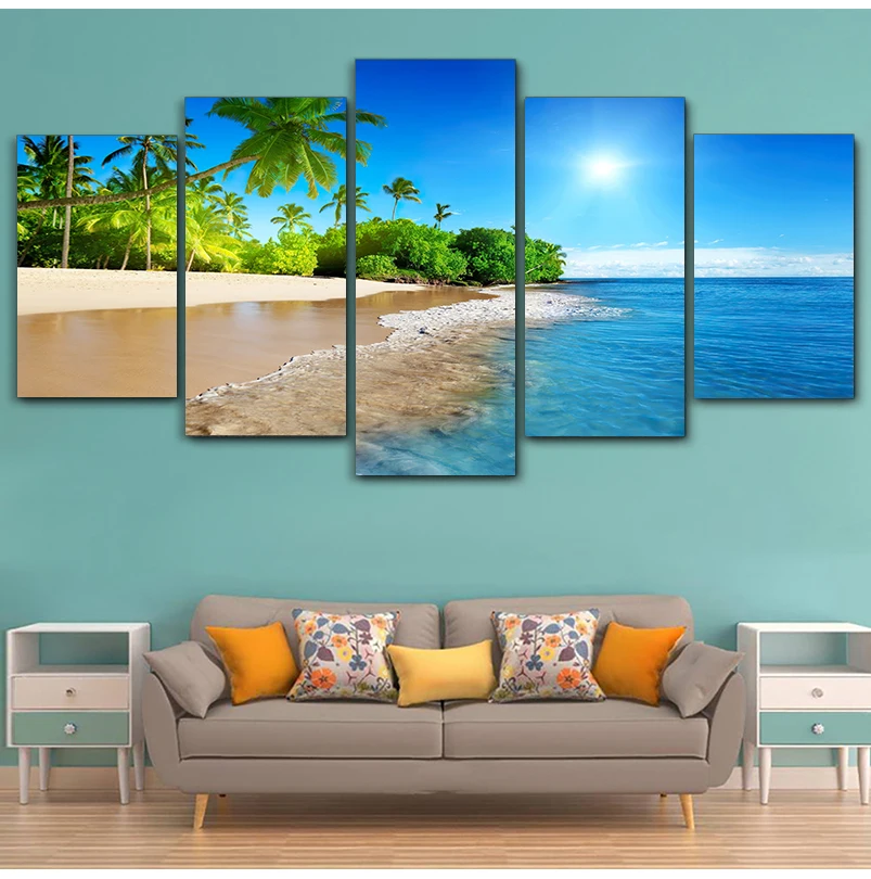 Wall Art Decor Living Room Framework 5 Pieces Sea Water Palm Trees Sunshine Seascape Modular Paintings Canvas Pictures HD Prints | Дом и сад