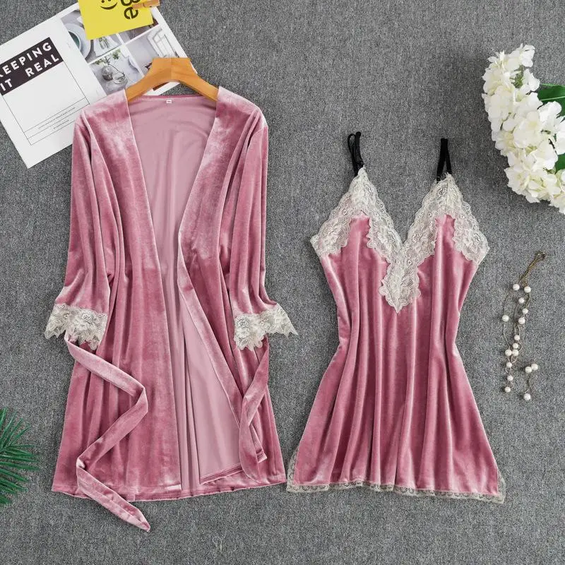 Velour Kimono Gown Bathrobe For Women Casual With Belt Lace Sleepwear Warm 2PCS Robe Set Velvet Twinset Robe Suit Nightgown - Цвет: Pink