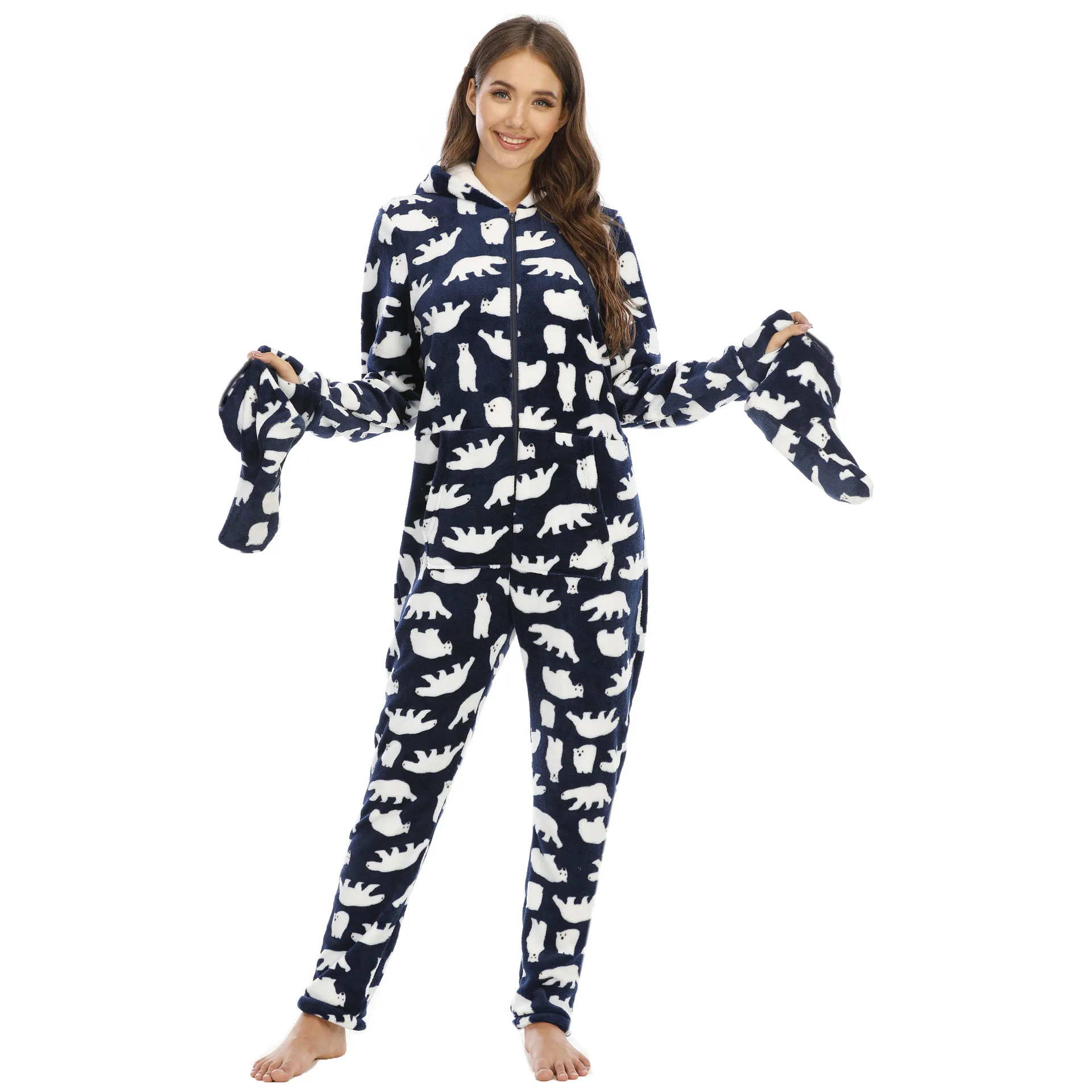Winter European And American Ladies Pajamas Flannel Animal Print Foot Cover One-piece Home Service Pyjamas