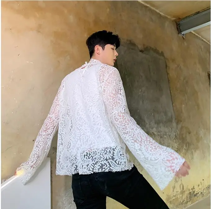M-XL! осенние модные дизайнерские Джинсовые штаны для ночного клуба, пикантные, маленькое кружево с высоким воротником джемпер Мужская ins блуза с длинным рукавом