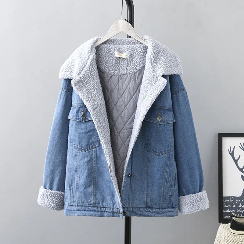 

Plus Size 4XL Blue Velvet Thick Denim Jacket Female Winter Turn Down Collar Korean Loose Drop Shoulder Fluffy Coat Double Pocket