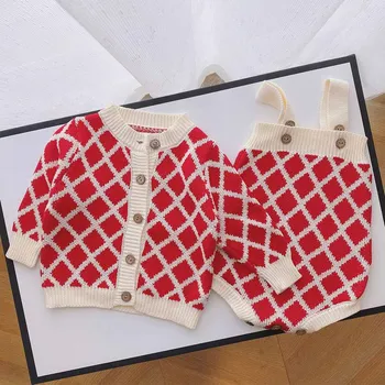 

100% Cotton Baby Clothes Set Plaid Knitted Coat + Romper Two Piece Baby Girl Outfit Birthday Infant Clothing Autumn Kids Suit