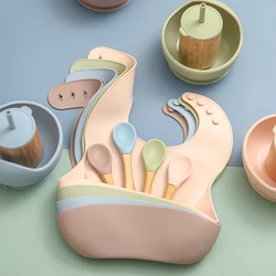 4PCS/Set Baby Feeding Tableware BPA Free Food Grade Silicone Bowl Bib Baby Feeding Supplies Bamboo Cup Tableware Gift Set