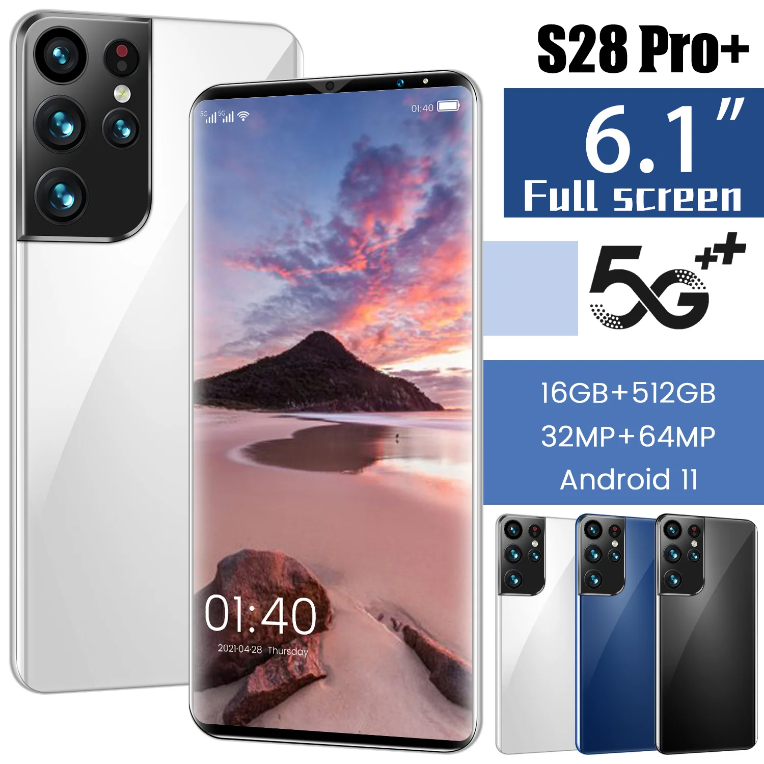 Get S28 Pro+ 6.1Inch SmartPhone 6000mAh Full Screen Phone 16+512GB Face Unlock GPS Google Android 11 5G MobilePhone 32MP+64MP