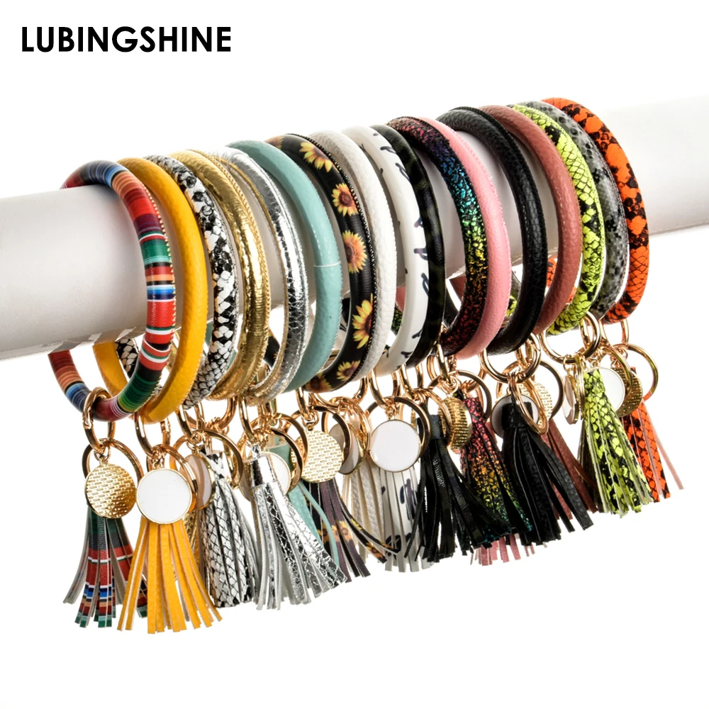 

2019 Creative Leather Tassel Keychain DIY Jewelry Accessories Chic Monogram Wristlet Colorful PU Keychains for Women Men