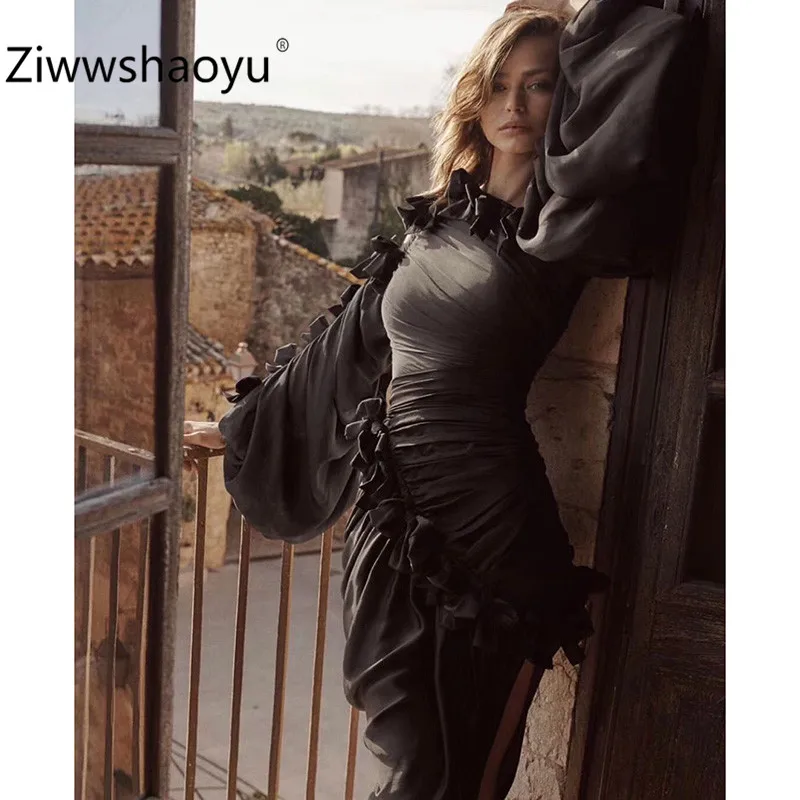 Ziwwshaoyu дизайнер высокого класса весна лето с открытыми плечами фонари рукавом Ruched Bodycon сексуальные вечерние платья с черным бантом женские