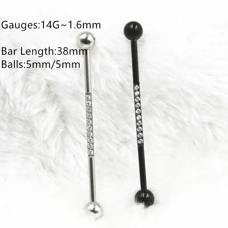 

10pcs Free Shippment 14g~1.6mm CZ Gems Ear Straight Helix Scaffold Long Barbells Industrial Bar Body Jewelry Ear Piercing
