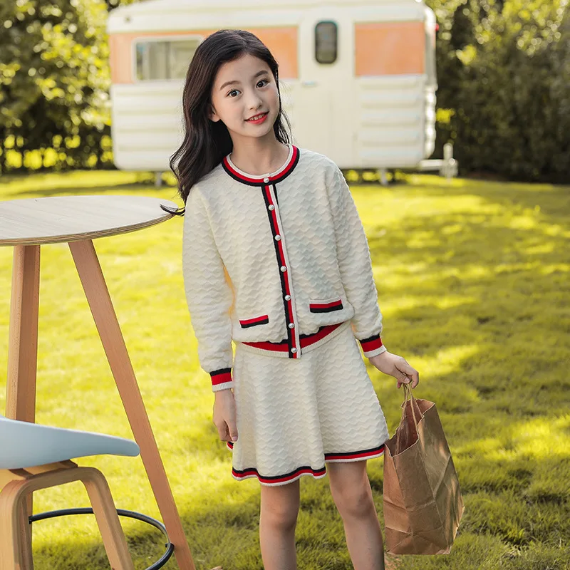 

Autumn Winter Elegant Knit Girls Suit Princess Party Christmas Teen Girls Clothing 2 pieces Sweater Cardigan + Skirts 10 12 year