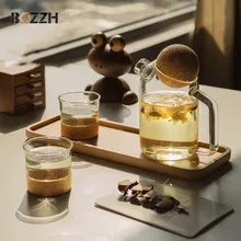BOZZH-Bote de agua de vidrio creativo con bola de madera, tetera de flores, hervidor de agua de cristal, zumo, jarra de café de corcho frío