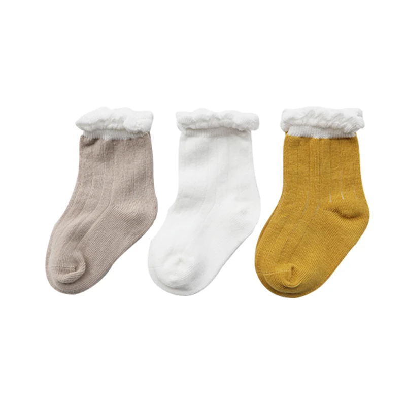 Khaki White Yellow 3 пар/лот, новые осенние носки для маленьких девочек, детские носки без пузыри хлопковые высокие носки для новорожденных - Цвет: Khaki White Yellow