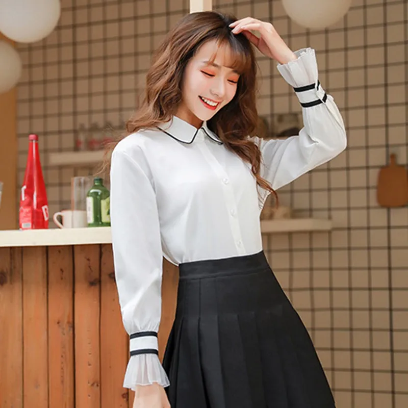 

White Shirt Women Fashion Wild Sweet Blouse Spring Flare Long Sleeve Lapel Shirts 2020 New