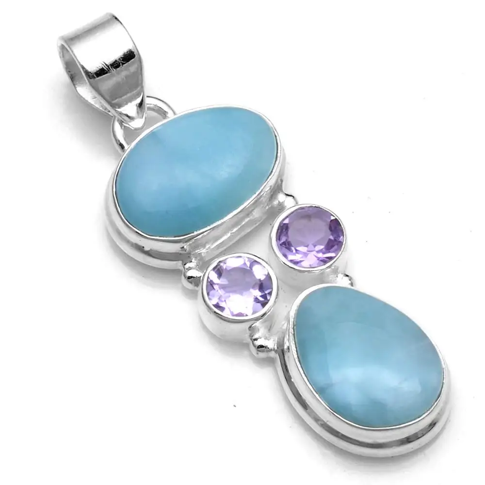 

Genuine Larimar + Amethyst Pendant 925 Sterling Silver, 41.4 mm, 2SP0607