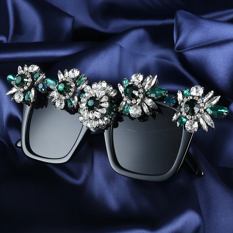 Роскошные женские солнцезащитные очки, большая оправа, большие солнцезащитные очки, квадратные, зеленые, украшенные бриллиантами, вечерние, стильные солнцезащитные очки, женские оттенки - Цвет линз: Black