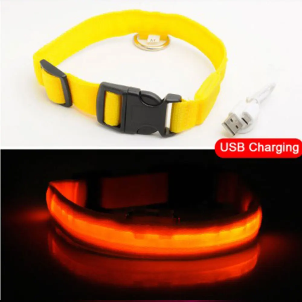 Перезаряжаемый мигающий ночной ошейник для собак, USB светящийся Регулируемый ошейник для питомцев, светодиодный светильник для зарядки, светящийся ошейник для кошек - Цвет: yellow