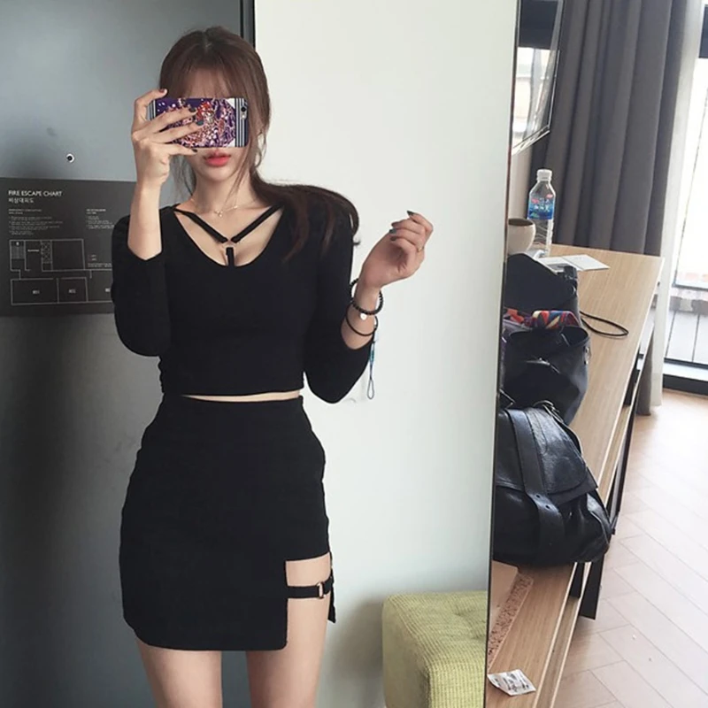 Черный корейский стиль посылка хип юбки зазор нерегулярные подол карандаш микро мини-юбка