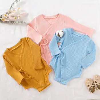 

0-18M Baby Cotton Bodysuit Autumn Lovely Newborn Infant Baby Girl Boys Solid Kimono Bodysuits Long Sleeve Cotton V-neck Outfits