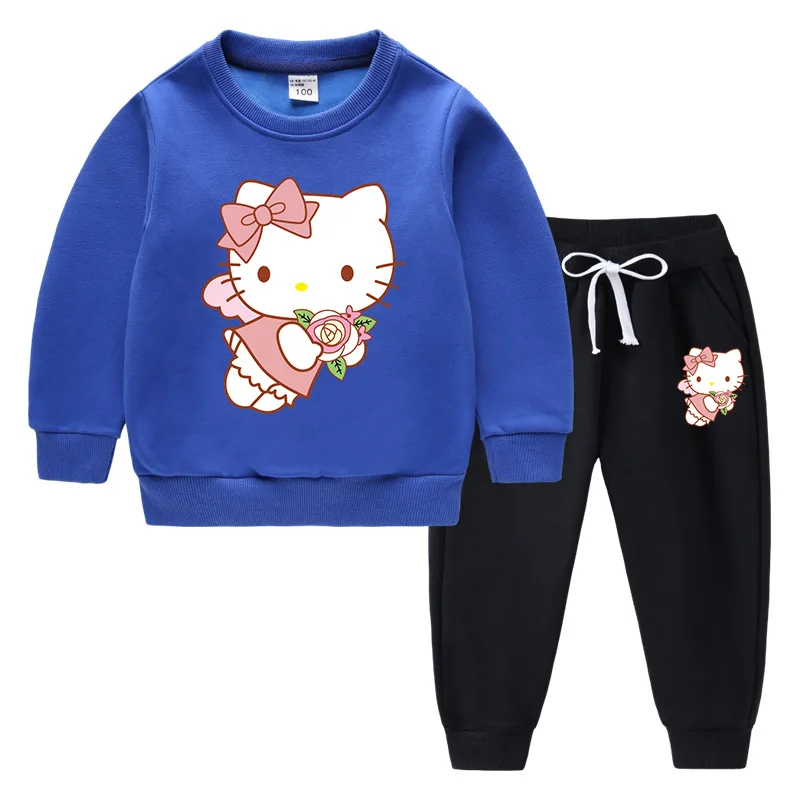 Hello Kitty otoño e invierno nuevos niños traje con capucha niños y niñas dibujos animados más terciopelo cálido pantalones de manga larga traje de dos piezas