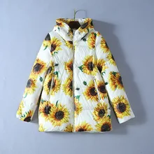 Европейская и американская женская одежда зима стиль длинный рукав принт Подсолнух Толстовка модный пуховик