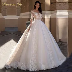 Roseca Ye Romantic Ball Gown Wedding Dress Full Sleeves Court Train Sheer Top Ivory Princess Lace Bridal Gown 2022 Spring New