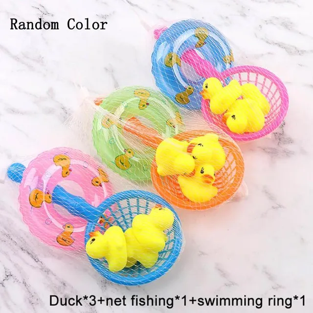 5Pcs/Set Kids Floating Bath Toys Mini Swimming Rings Rubber Yellow Ducks Fishing Net Washing Swimming Toddler Toys Water Fun 5Pcs