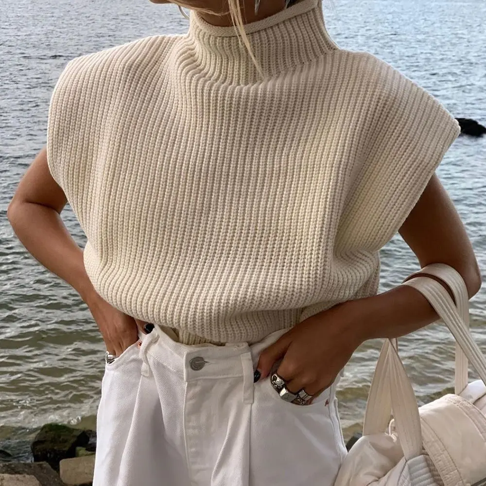 

Turtleneck Sleeveless Women Vest Sweater 2020 White Shoulder pads Pullover Knitted Loose Autumn Winter Casual Jumper