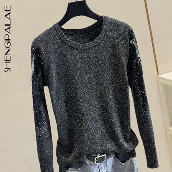 

SHENGPALAE 2020 New Fashion Spring Solid Color Long Sleeve Mesh Stitching Jumper Knitted Loose Fashion Pullover Femme ZA2750