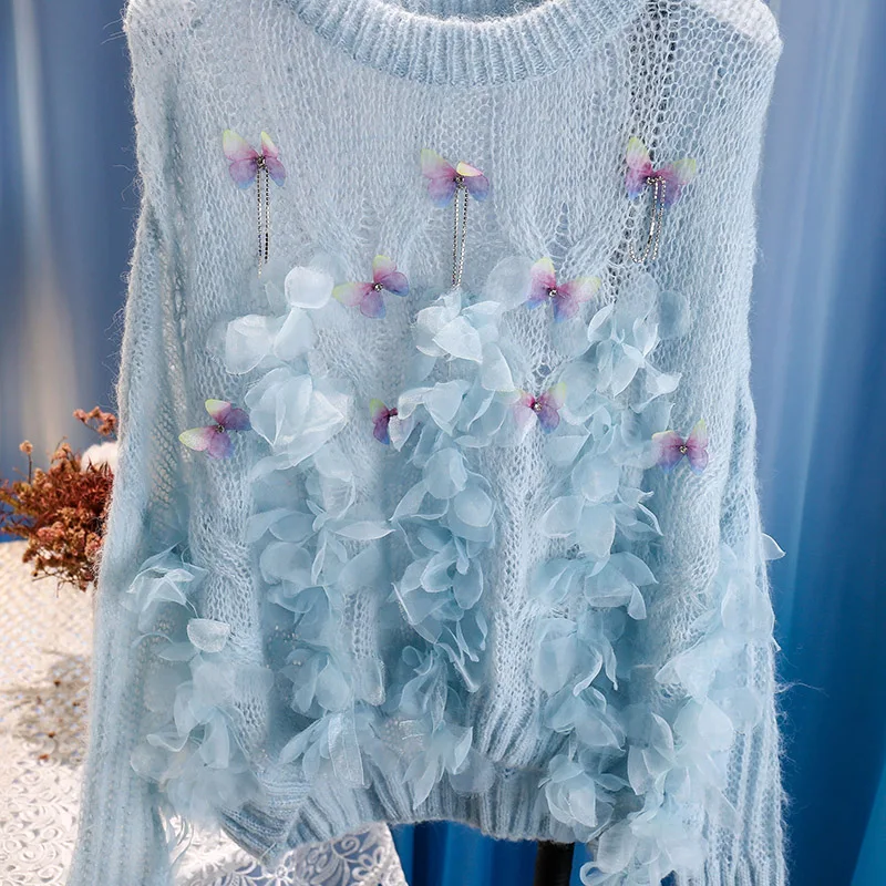 Beaded Flower Knitted Sweater for Female 2020