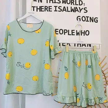 

2Pcs Summer Sweet Pajamas For Women Sleepwear Floral Printed Lady Girl Homewear Short Ruffle Sleeve Women Pajamas Set Loungewear