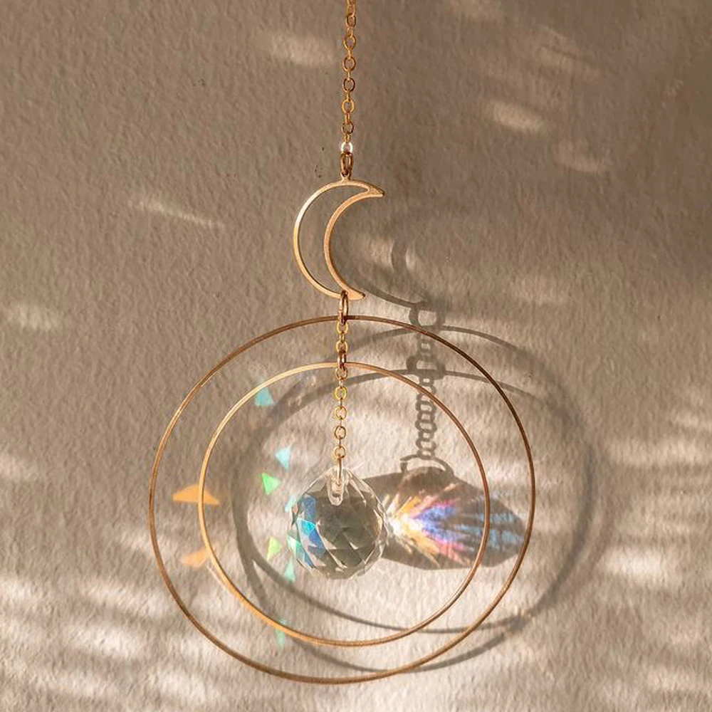 Moon Sun Catcher Hoops Rainbow Crystal Hanging Wall Art Car Prism Rearview Maker Mirror Celestial Window Home Decor Gift | Украшения и
