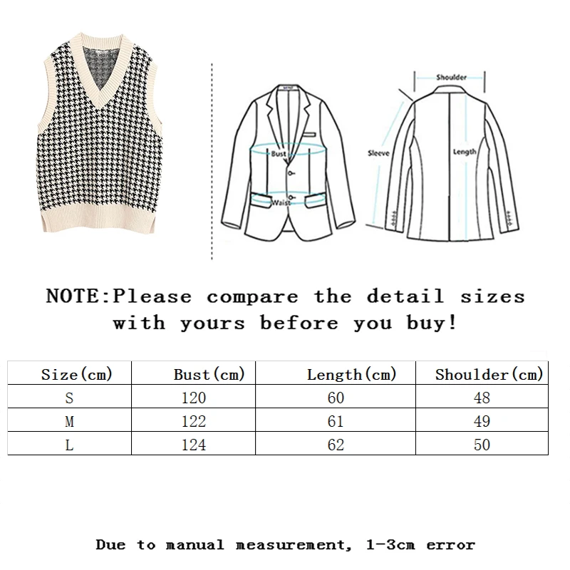 Vangull Fashion Oversized Houndstooth Knitted Vest Sweater Women Vintage Sleeveless Side Vents Female Waistcoat Loose Chic Tops