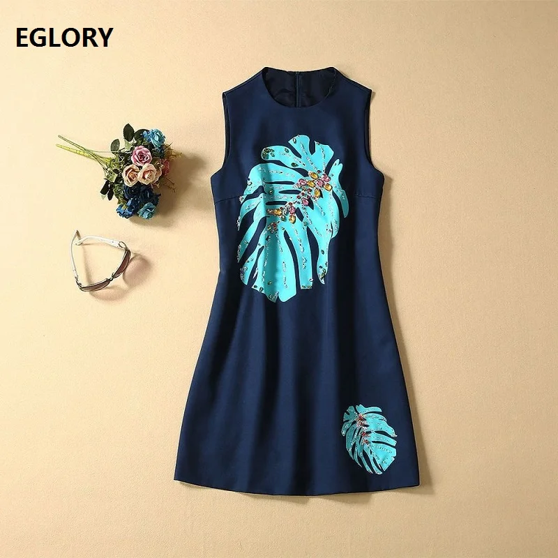 

High Quality Sleeveless Dress 2019 Autumn Style Women Leaves Print Diamond Beading Slim Fitted Dark Blue Dress Above Knee