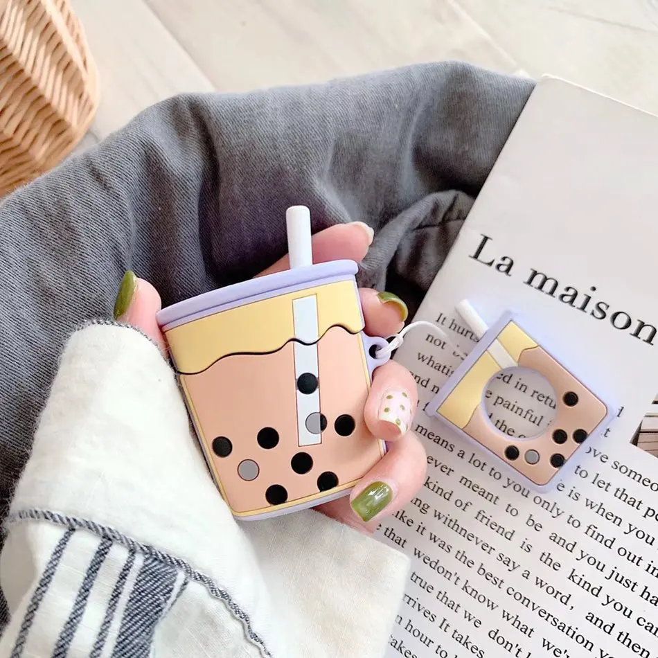 Для AirPods чехол Boba Milk tea беспроводной чехол для наушников для Airpods 2 Защитная крышка Милая бутылка для напитков с кольцом на палец - Цвет: Purple Bubble Tea