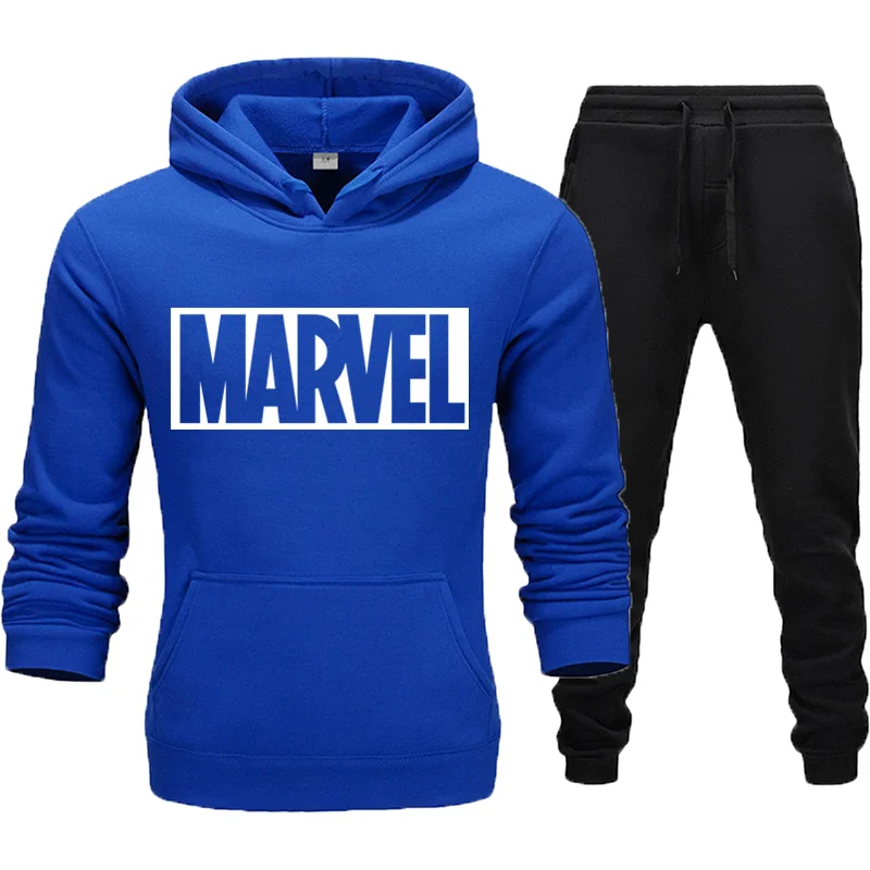 Простой модный мужской костюм с принтом Marvel, спортивный костюм, мужская спортивная одежда, флисовый плотный спортивный костюм с капюшоном и штанами, Азиатский размер