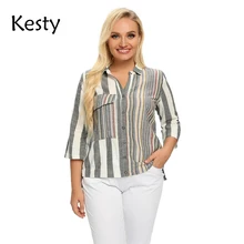 

KESTY Women's Plus Size Spring Cotton Striped Shirt With Pockets And Button Lapel Casual Top
