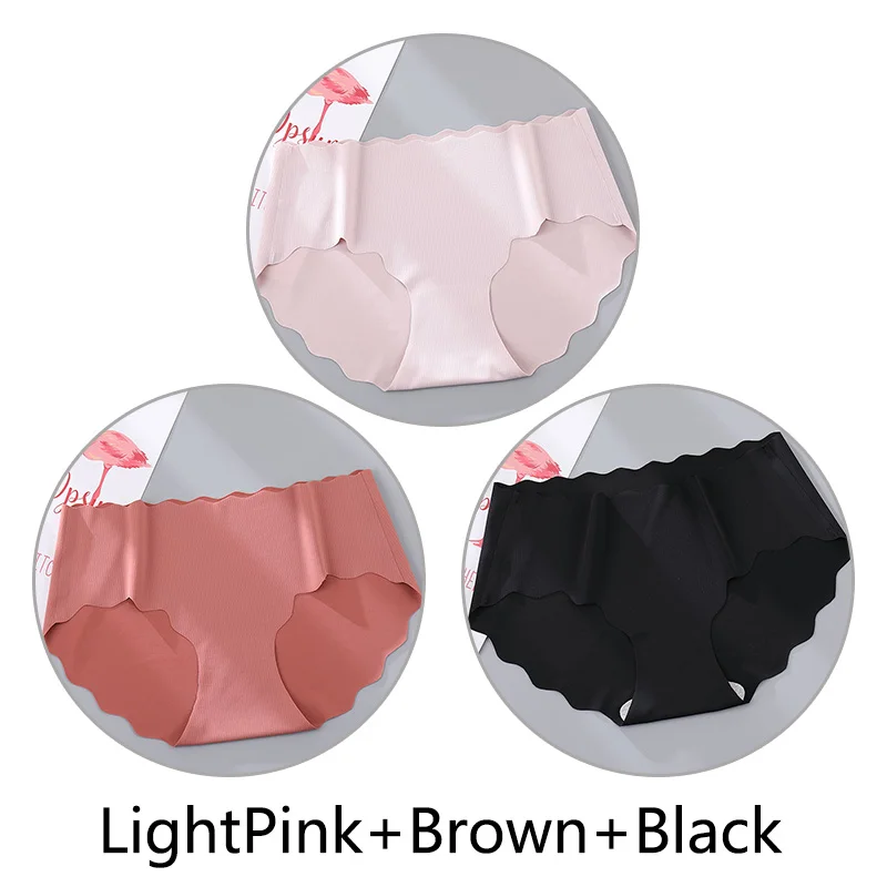 L-Pink Brown Black 3Pcs Sexy Ruffles Panties Women Soft Seamless Briefs Ice Silk Breathable Underwear Ultra Thin Intimates Lingerie Solid M-XL New - Цвет: L-Pink Brown Black