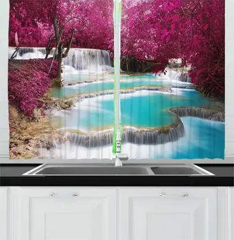 

Turquoise Dark Magenta Waterfall Kitchen Curtains Huang Si Stream Creek Surrounded by Sakura Cherry Blossom Tree for Kitchen