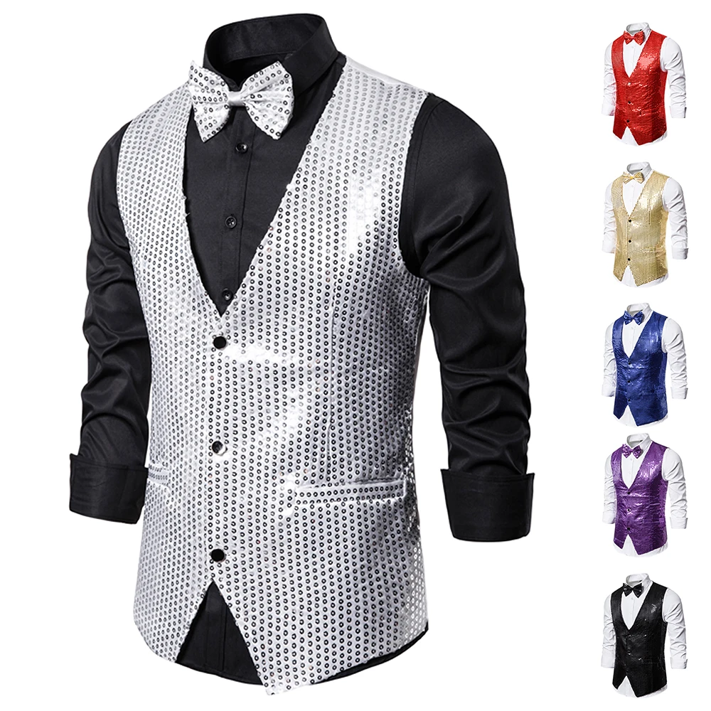 2020 New Design Men Sequins Pattern Glitter Embellished V-neck Blazer Vest Male Evening Party Suits Plus Size hot