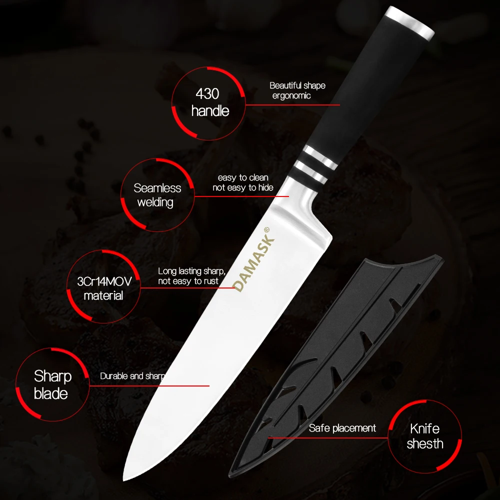 Damask бренд 3Cr14 набор кухонных ножей из нержавеющей стали,, высококачественные 430 ручные ножи с бесплатными сувенирные ножи, чехлы