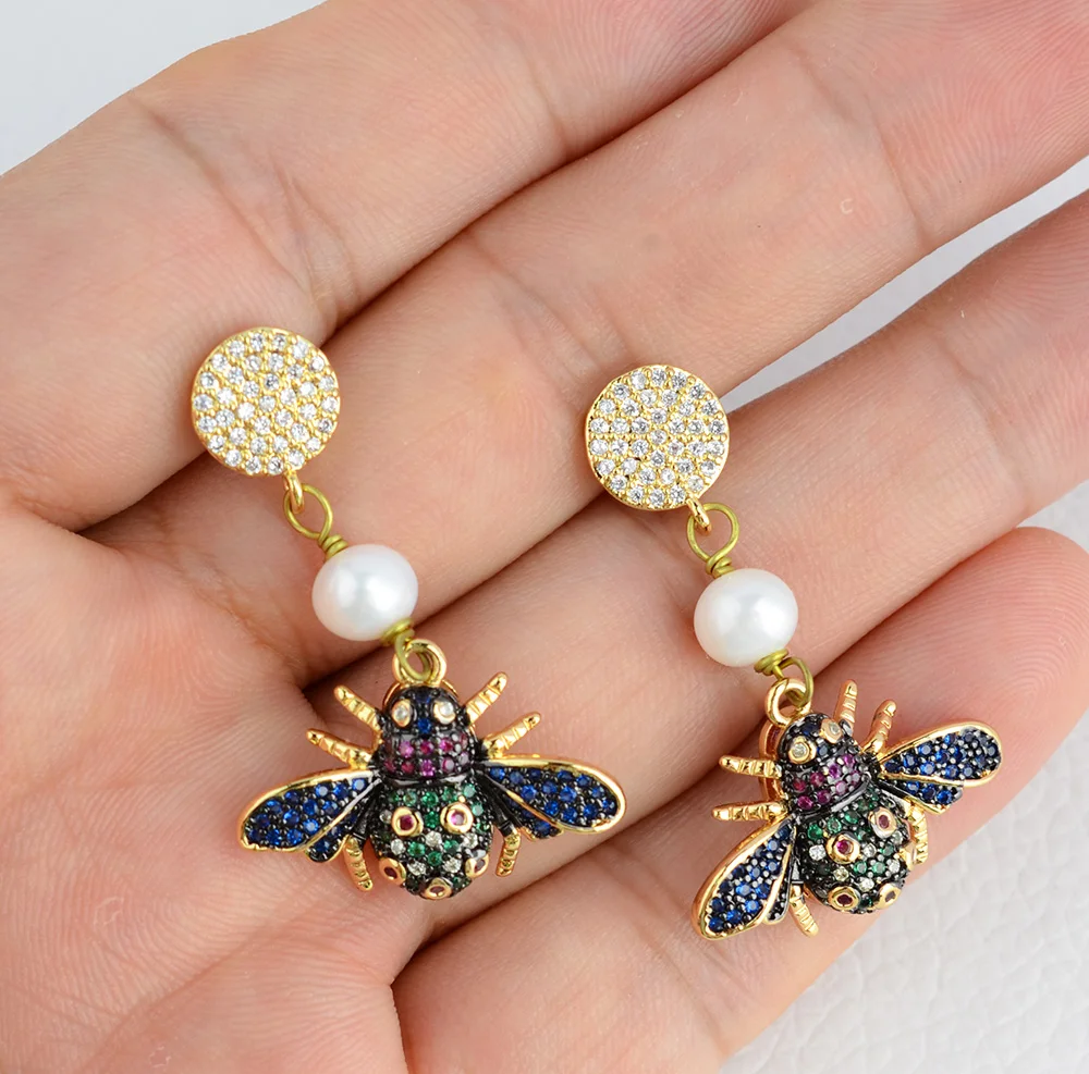 White Pearl Mixed Color Insect CZ Stud Earrings