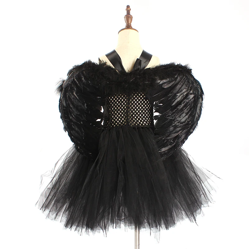 Black Maleficent Evil Queen Girls Tutu Dress with Horns Wings