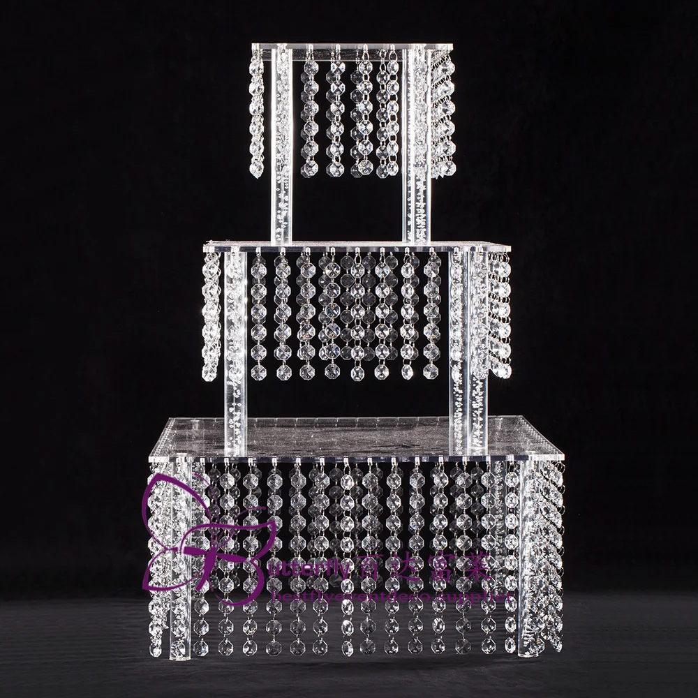 3 Tier Cake Stand Square Acrylic Crystal Beaded Chandelier For Birthda