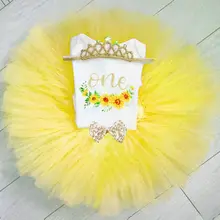 Желтая юбка-пачка принцессы на день рождения комплект из 2 предметов для новорожденных девочек, комбинезон с цветочным рисунком для дня рождения, юбка-пачка из тюля, одежда