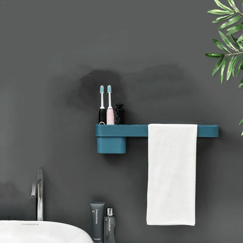 New Bathroom Punch-Free Washing Shelf Wall-Mounted Toothbrush Toothpaste Storage Box Towel Rack Kitchen Organizer - Цвет: Navy Blue