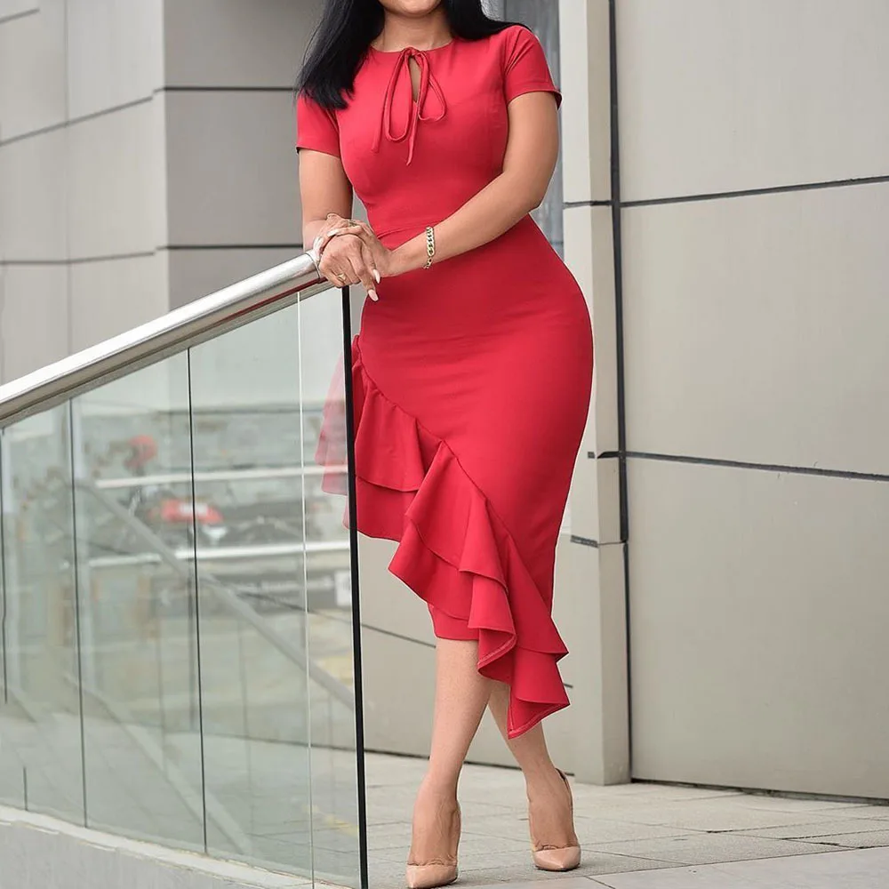 

2020 Summer Fashion Women Dress African Office Ladies Plus Size 3XL Asymmetrical Bodycon Party Ruffles Long Dresses Vintage Red