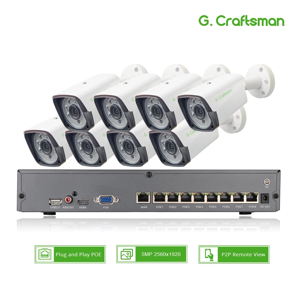 

8ch 5MP POE Kit H.265 System CCTV Security Smart NVR Outdoor Waterproof IP Camera Surveillance Alarm Video P2P G.Craftsman