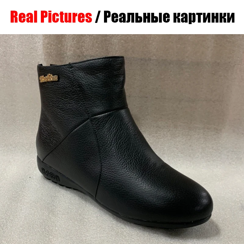 BONJOMARISA/ г. Зимние ботильоны из натуральной кожи, большие размеры 33-42 Женские повседневные черные ботинки на плоской подошве женская теплая обувь на меху